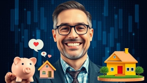 Illustration of financial freedom through real estate investment with a businessman and symbols.