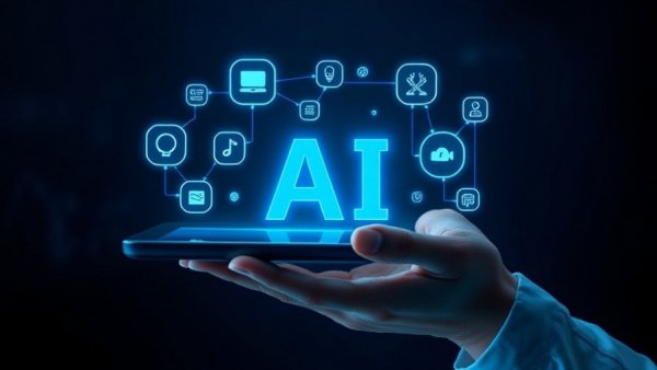 Futuristic AI concept with digital icons floating above a hand