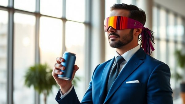 Blind Taste Test Challenge with man in blue suit and blindfold holding a can.