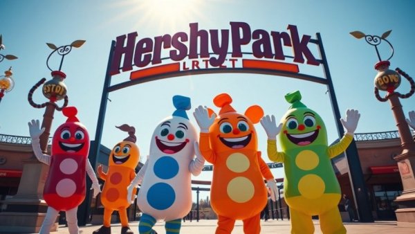 Candy mascots waving at Hersheypark entrance, vibrant and joyful.