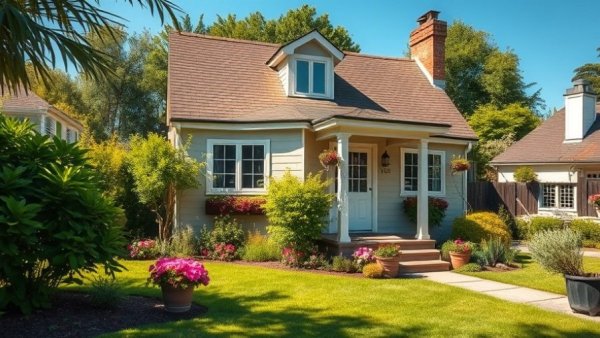 Charming suburban house with lush lawn and vibrant flowers.