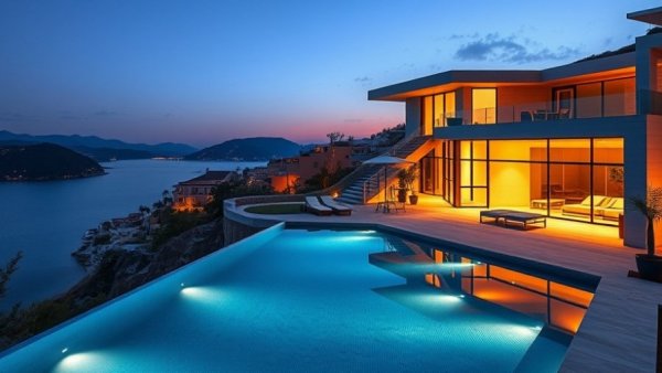 Modern luxury villa overlooking the sea in Europe at dusk.