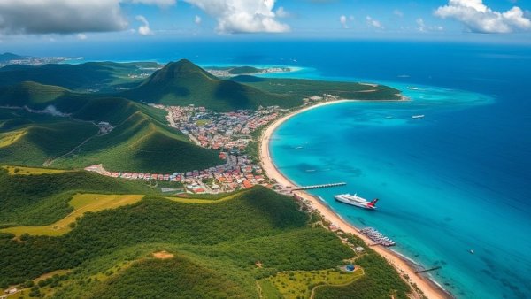Aerial view of St. Maarten's lush coast and turquoise waters.