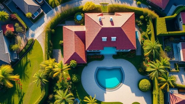 Aerial real estate shot showcasing property highlights and landscape.