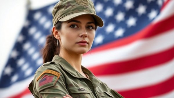 Confident female soldier in uniform with American flag background.