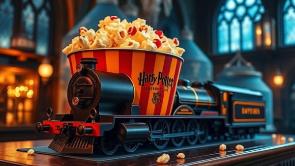 Harry Potter broom popcorn bucket with Hogwarts Express display.