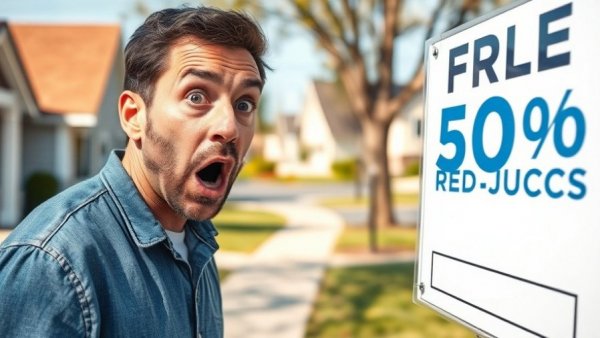 Surprised man with price reduction sign in housing market scene.