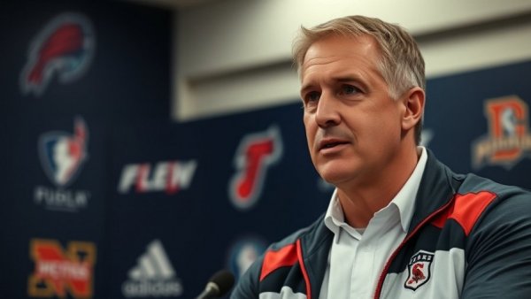 Coach in sports attire during a press interview addressing events.