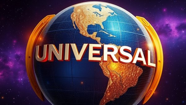 Golden emblem of Universal Epic Universe on starry cosmic background.