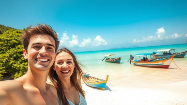 Boating to Barefoot Beach with anchored boats and happy beachgoers.