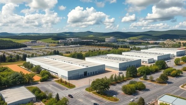 Modern industrial complex surrounded by greenery, clear sky.