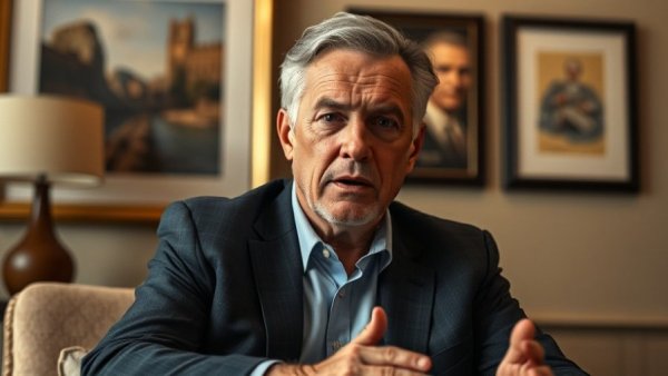 Mature man discussing solo business trap, seated with framed art background.
