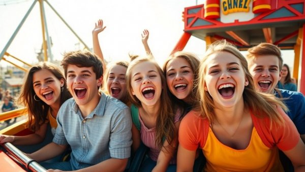 Excited teenagers on roller coaster, Epic Universe thrill ride.