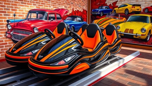 Fast & Furious Hollywood Drift themed amusement ride cars lined up on track.