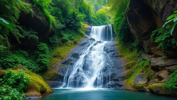 Lush waterfall in dense greenery symbolizing UK climate adaptation.