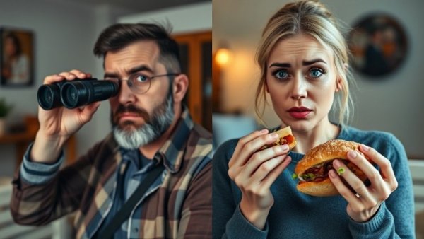 Tim's Health Journey split-screen scene, curious man and puzzled woman.