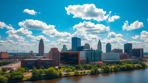 Aerial view of beautiful neighborhoods in Nashville with skyline.