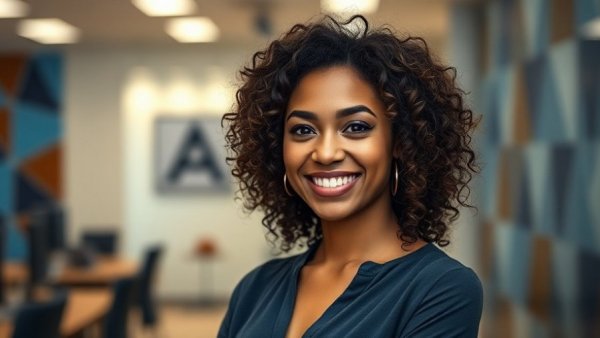Real estate listing debate: confident woman in business setting.