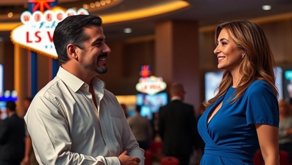 Engaging conversation at conference with Las Vegas sign backdrop, real estate strategy quiz.