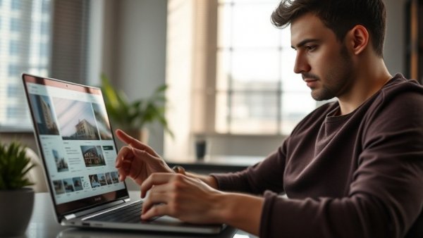 Man engaging in home buying process timeline on laptop.