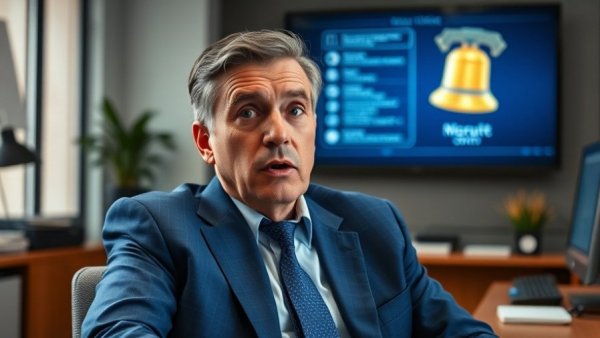 Businessman in office with surprised look, office setting and presentation screen.