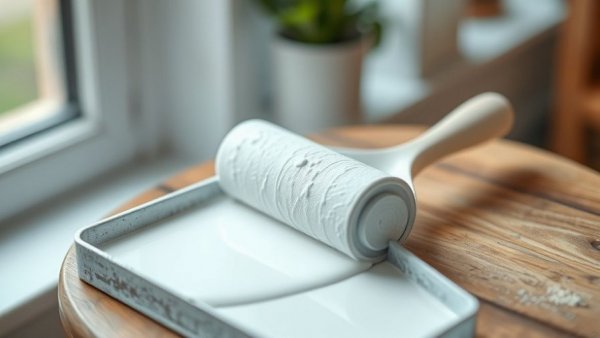 Paint roller on tray with paint, home preparation tools, selling your house