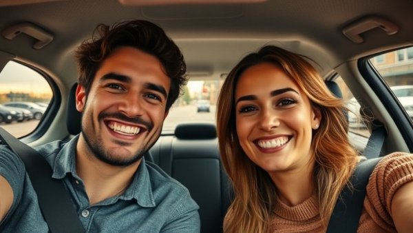 Cheerful couple in a car, promoting family business engagement trends.