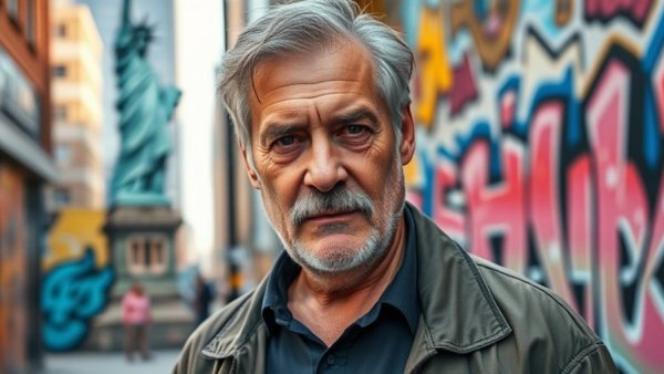 Never Tap Out: Gray-haired man stands by vibrant urban mural.