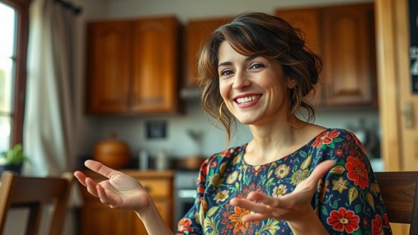 Smiling woman discussing social media tagging for realtors.