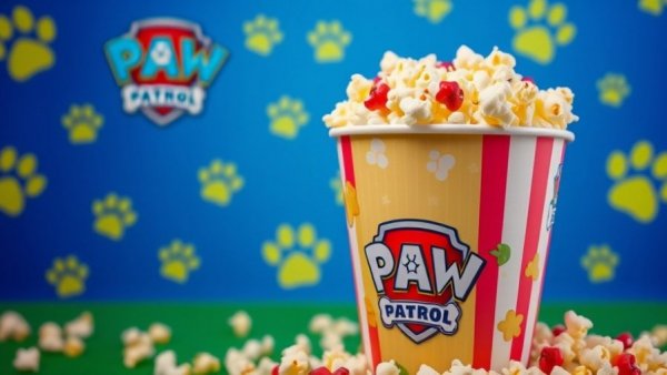 AMC Paw Patrol popcorn bucket filled with popcorn.