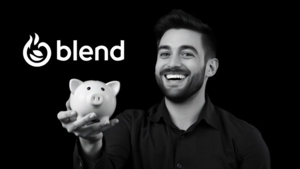 Stylized Blend logo with smiling man and piggy bank, highlighting Blend's Stronger Q2 Results.