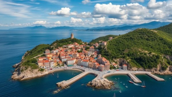 Scenic coastal Grenada town with lush hills and blue waters.