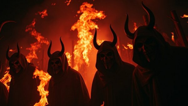 Cedar Point Diablo haunted maze fiery scene with sinister figures.