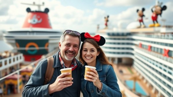 Happy couple on Disney Alaskan concierge cruise with coffee and snacks