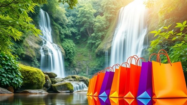 Online store banner featuring colorful shopping bags and a waterfall.
