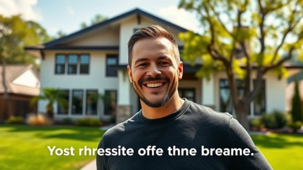 Confident man in front of house with rental income message