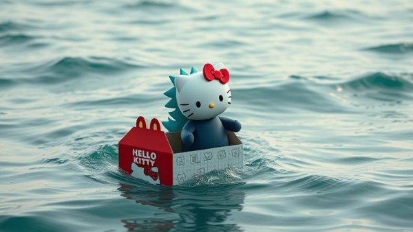 Hello Kitty Godzilla Happy Meal floating on ocean, promotional style.