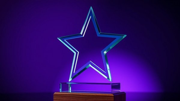 Glass star trophy on wooden base with spotlight and purple background.