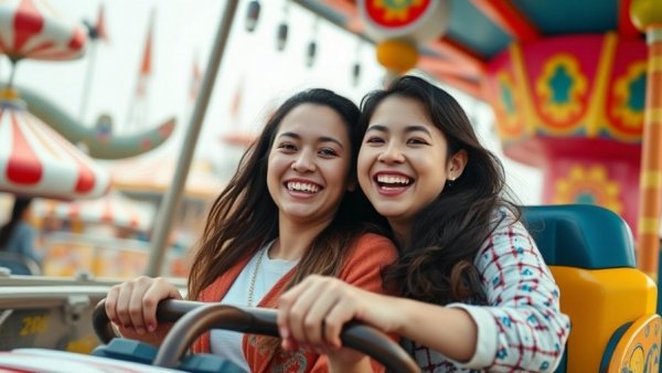 Mother and daughter on amusement ride at Universal Kids Resort.