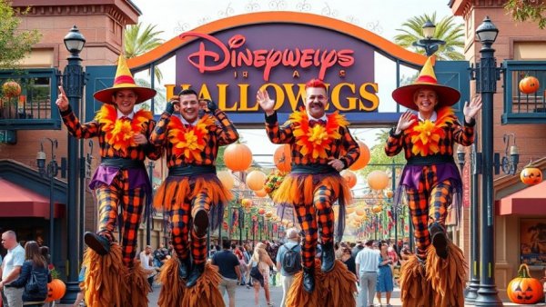 Fall-themed stilt performers at Disney Springs Halloween event