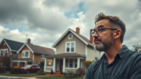 Thoughtful man considering vintage house investment.