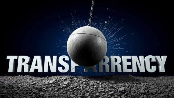 Wrecking ball impacting 'TRANSPARENCY' symbolizing Caribbean fiscal transparency issues.