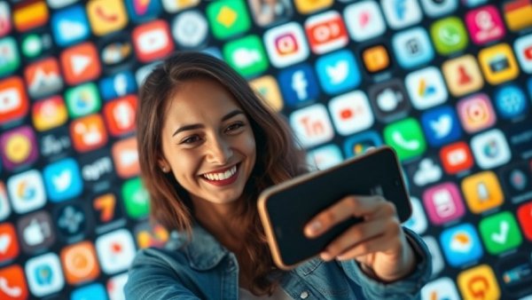 Colorful app icons around a phone with a woman, content creation apps theme.