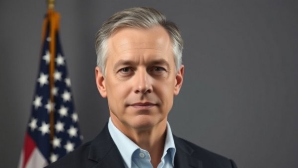 Formal portrait of a professional man with American flag backdrop.