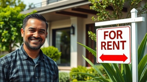 How to Rent Out Your House guide: smiling man with 'For Rent' sign.