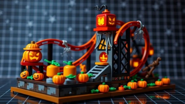 Halloween overlay at Legoland Galacticoaster model with pumpkin and webs.