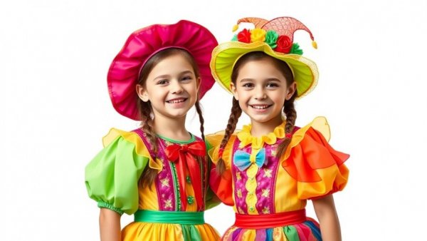 Kids in colorful carnival costumes celebrating joyfully.