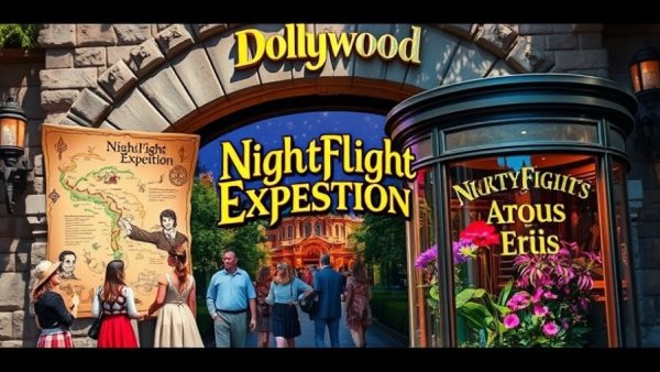 Dollywood NightFlight Expedition collage showing entrance, map, and vintage theme.