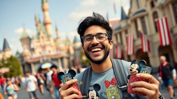 Collage of D23 Day at Disneyland with attractions and Disney souvenirs.