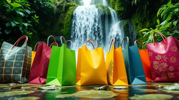 Colorful shopping bags with a lush waterfall background